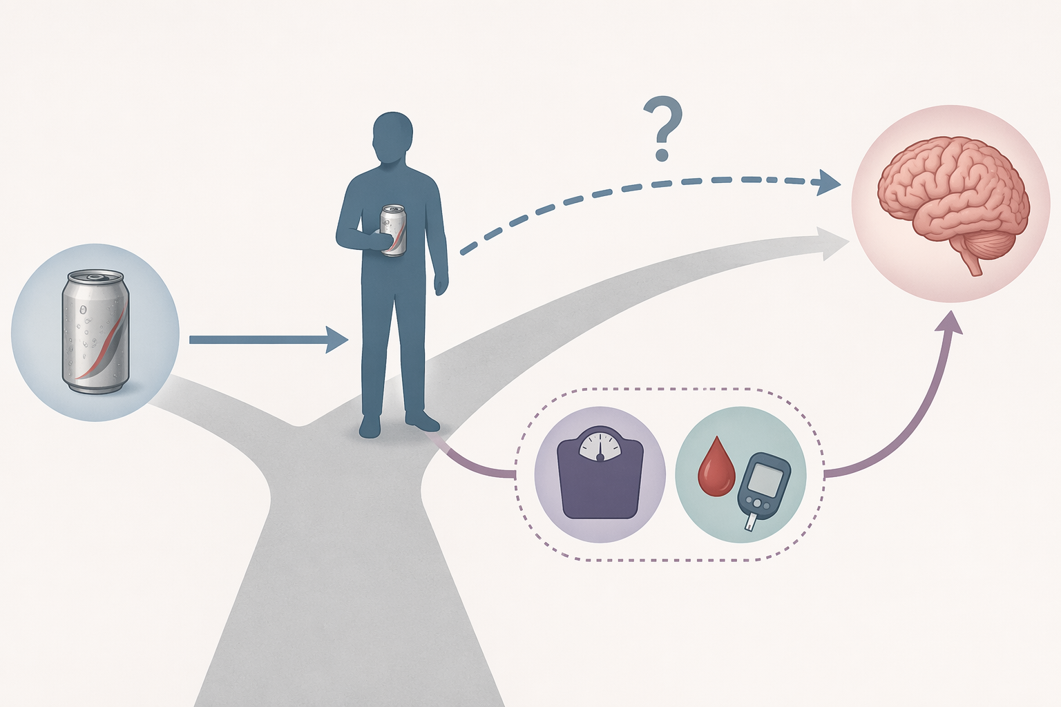 Fork-in-the-road diagram showing diet soda, a possible brain pathway, and obesity and diabetes as confounding factors