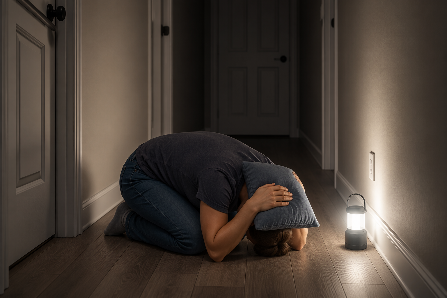 Person crouched low in an interior hallway covering their head and neck