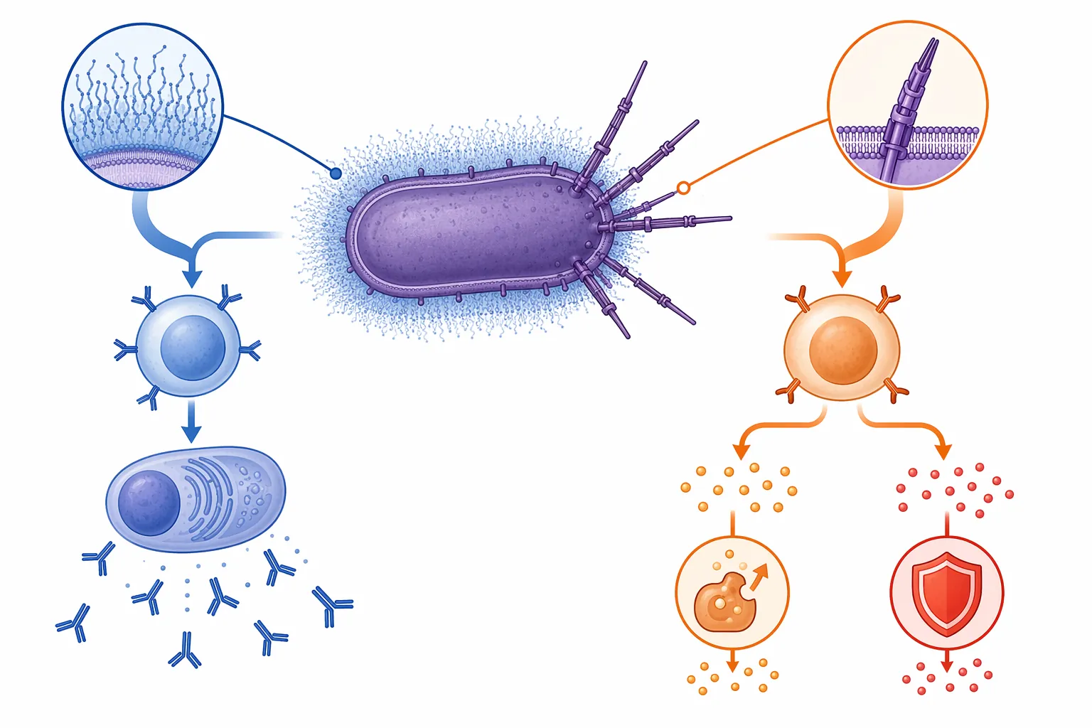 Diagram of Yersinia pestis F1 capsule and LcrV Type III secretion antigen targets connected to B cells, antibodies, T cells, and cytokines