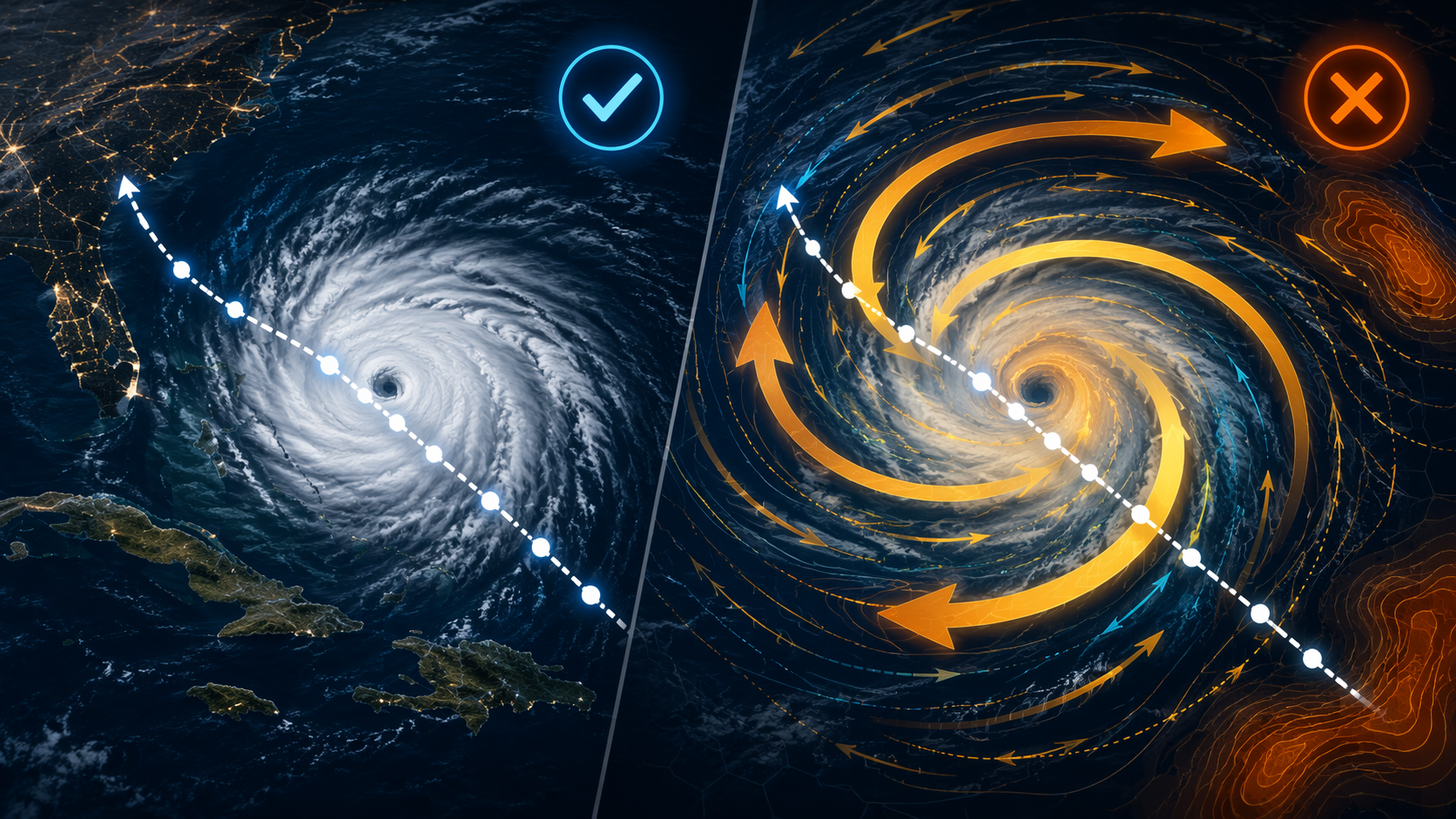 Hurricane track accuracy contrasted with distorted storm windfield structure