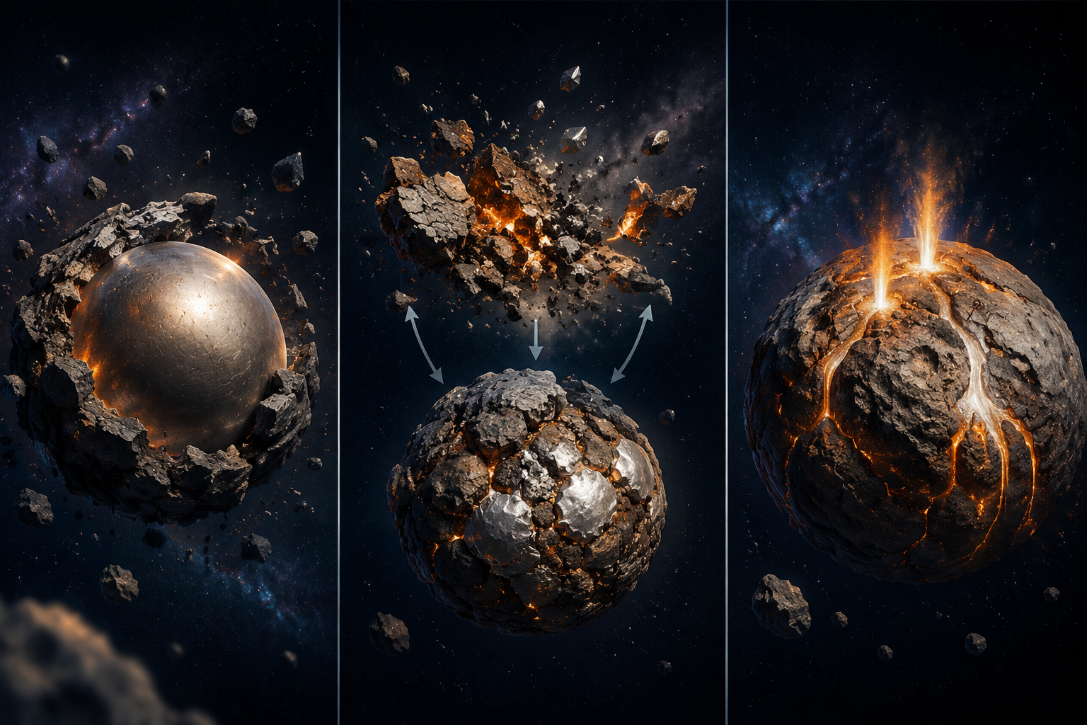 Scientific illustration comparing three possible origins for asteroid 16 Psyche: exposed core, re-accreted rock-metal body, and ferrovolcanism