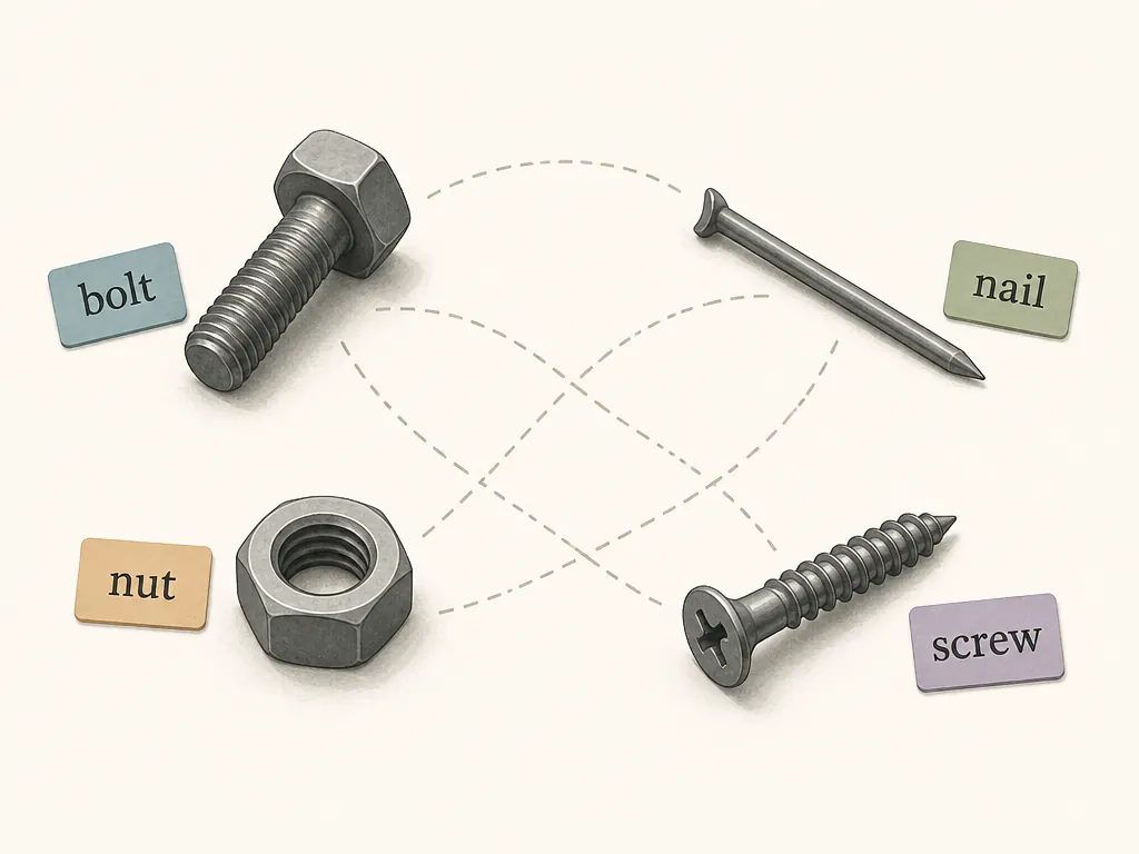 A bolt, nail, nut, and screw shown as word tiles with dashed grouping lines