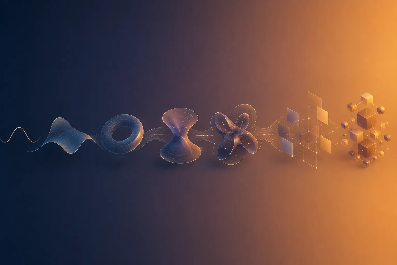Abstract geometric forms progressing from smooth curves to structured polyhedra