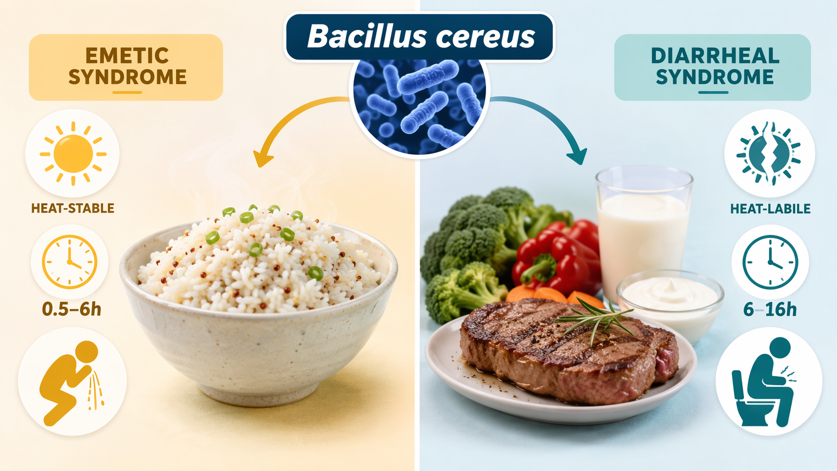 Split comparison of Bacillus cereus emetic syndrome and diarrheal syndrome with foods and onset cues