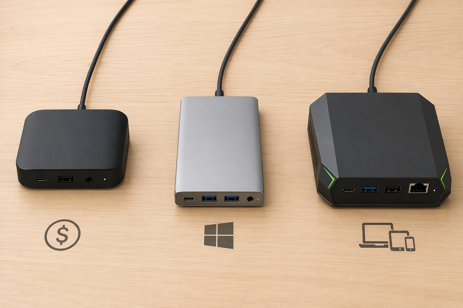 Three USB4 docking stations arranged side by side on a desk, each representing a different purchase profile