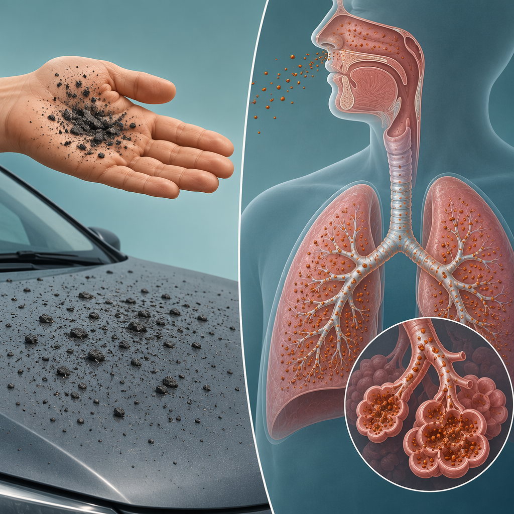 Surface soot on one side and PM2.5 entering lungs on the other.