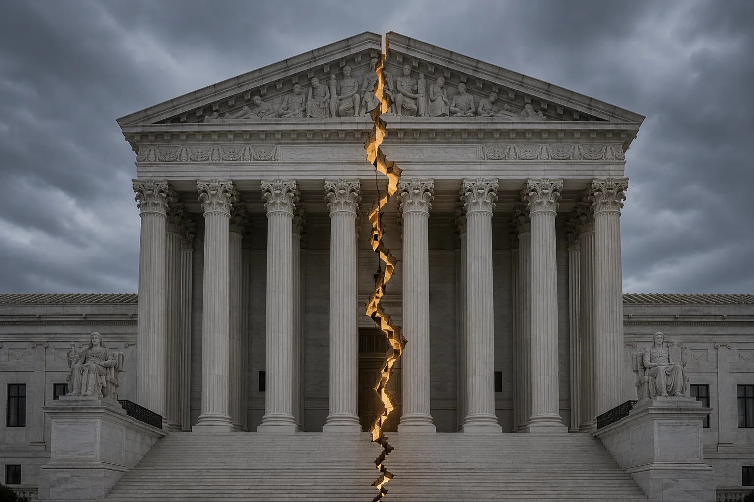 U.S. Supreme Court facade with a jagged crack down the center
