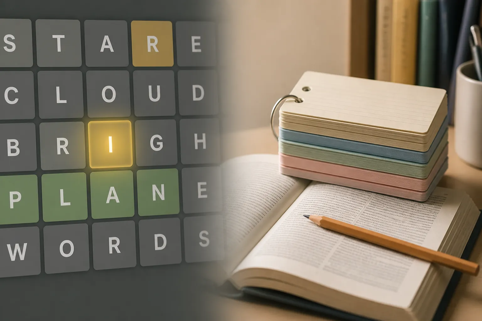 Word-puzzle grid beside flashcards and an open book, contrasting casual puzzle play with exam-focused vocabulary study