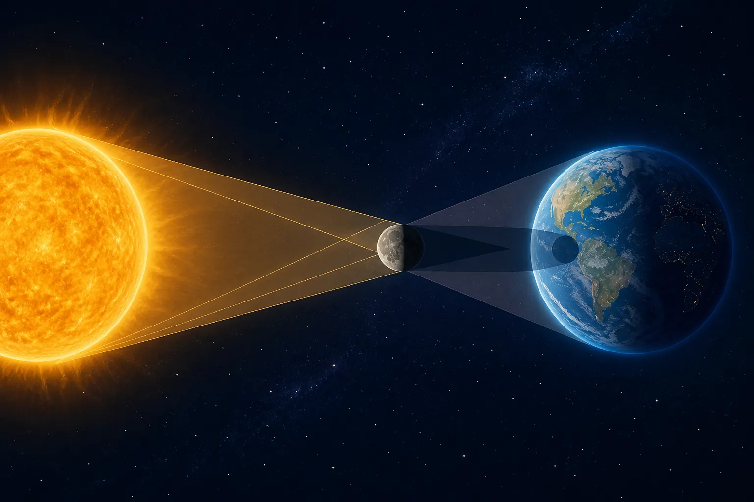 Solar eclipse alignment at new moon with the Moon between the Sun and Earth casting umbra and penumbra shadows