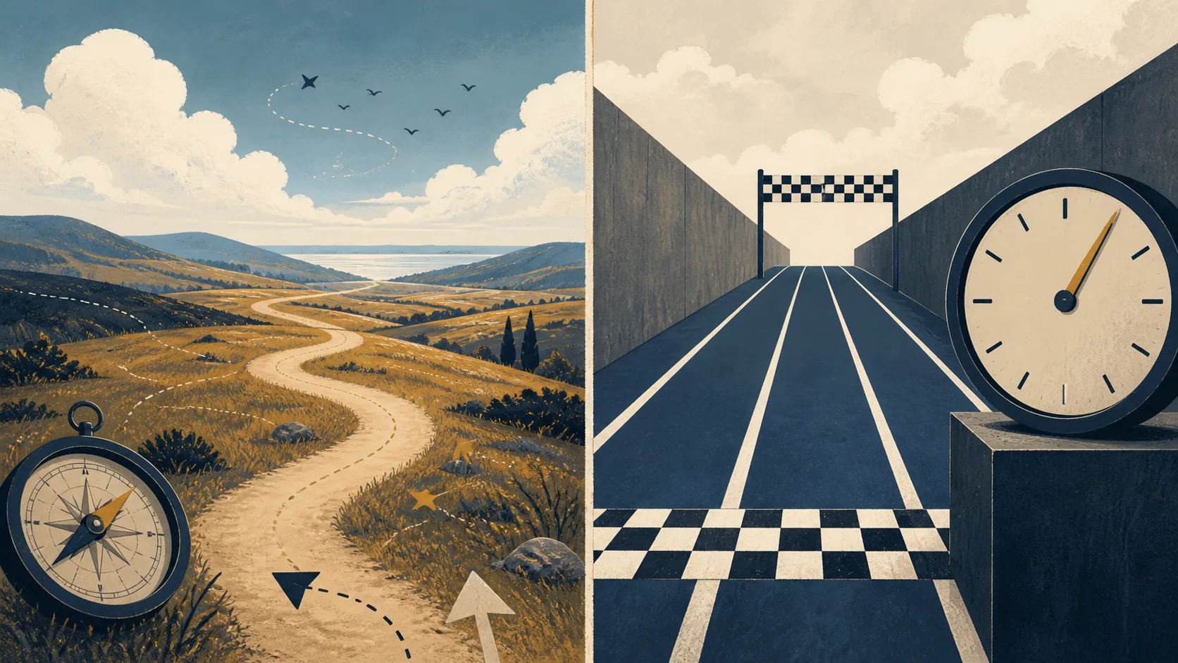 Split illustration contrasting an open-ended path with a timed race track