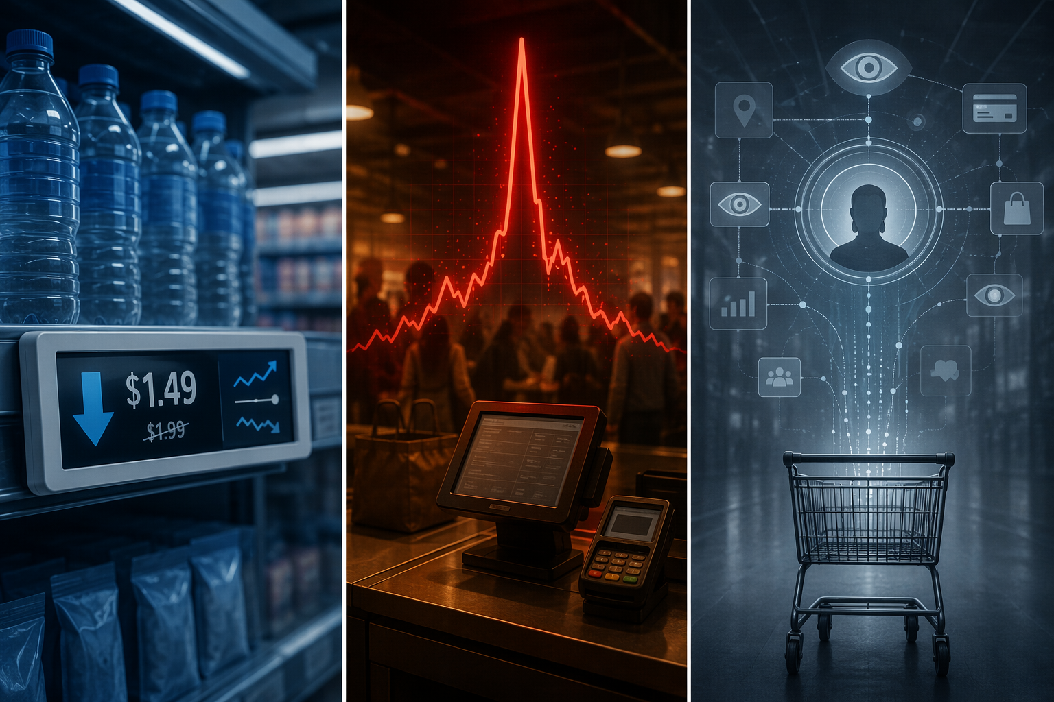 Illustration separating dynamic pricing, surge pricing, and surveillance pricing into three visual zones