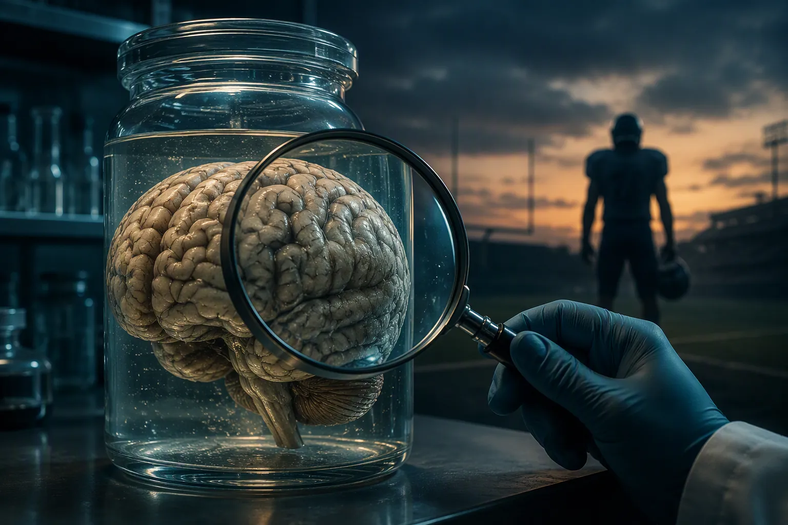 A preserved human brain examined under a magnifying glass with a football player in the background