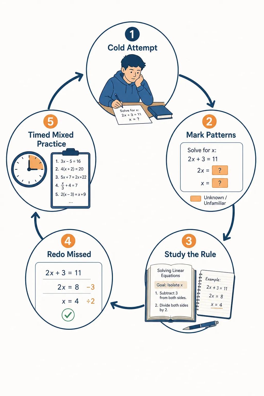A five-step circular workflow showing cold attempt, mark unknown patterns, study the underlying rule, redo missed problems, and timed mixed practice