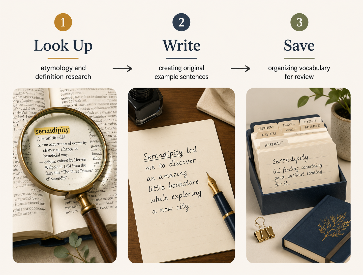 Three-step vocabulary workflow showing dictionary lookup, sentence writing, and themed index cards