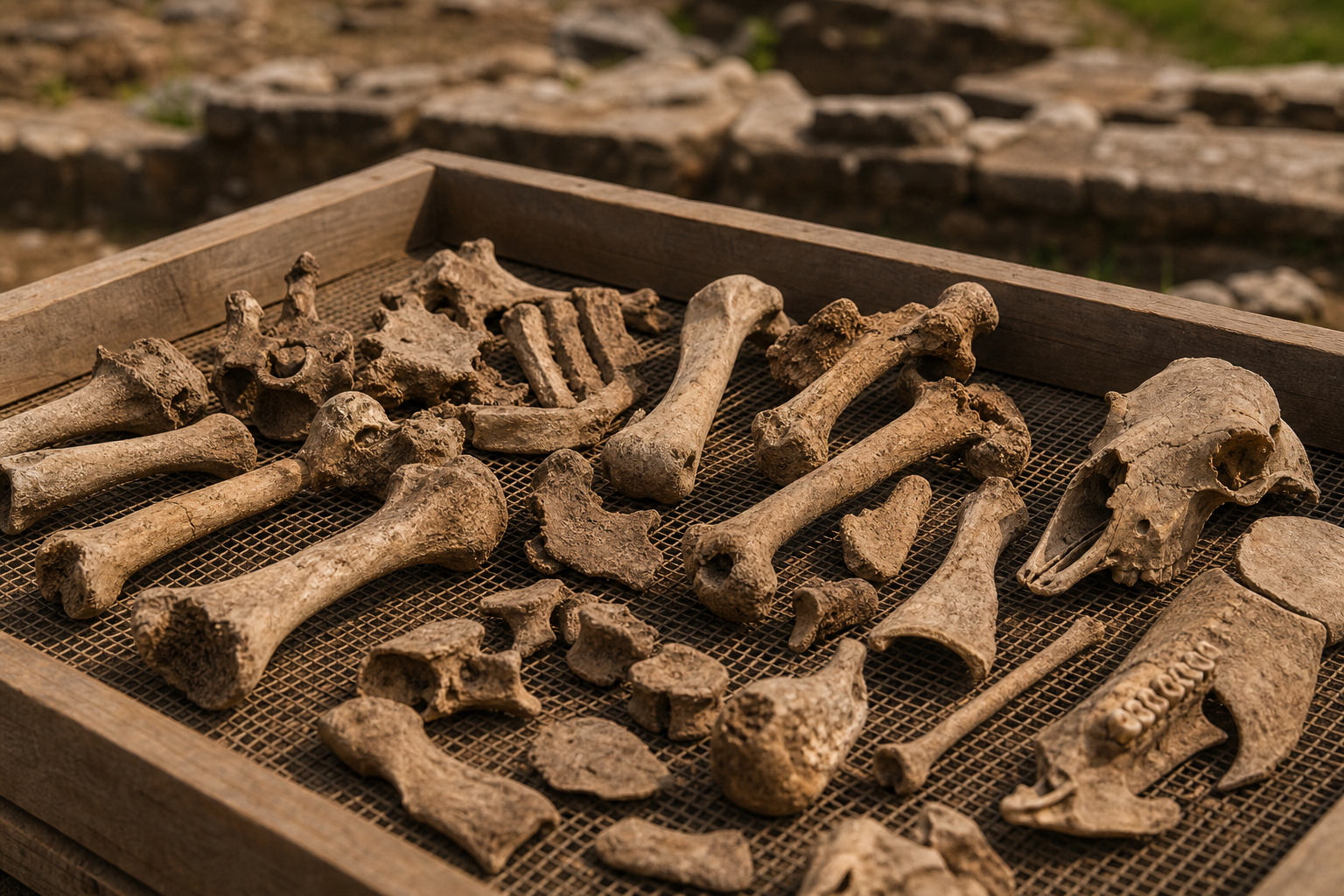 Weathered ancient animal bones from sheep, goats, and oxen arranged on an archaeological sorting table
