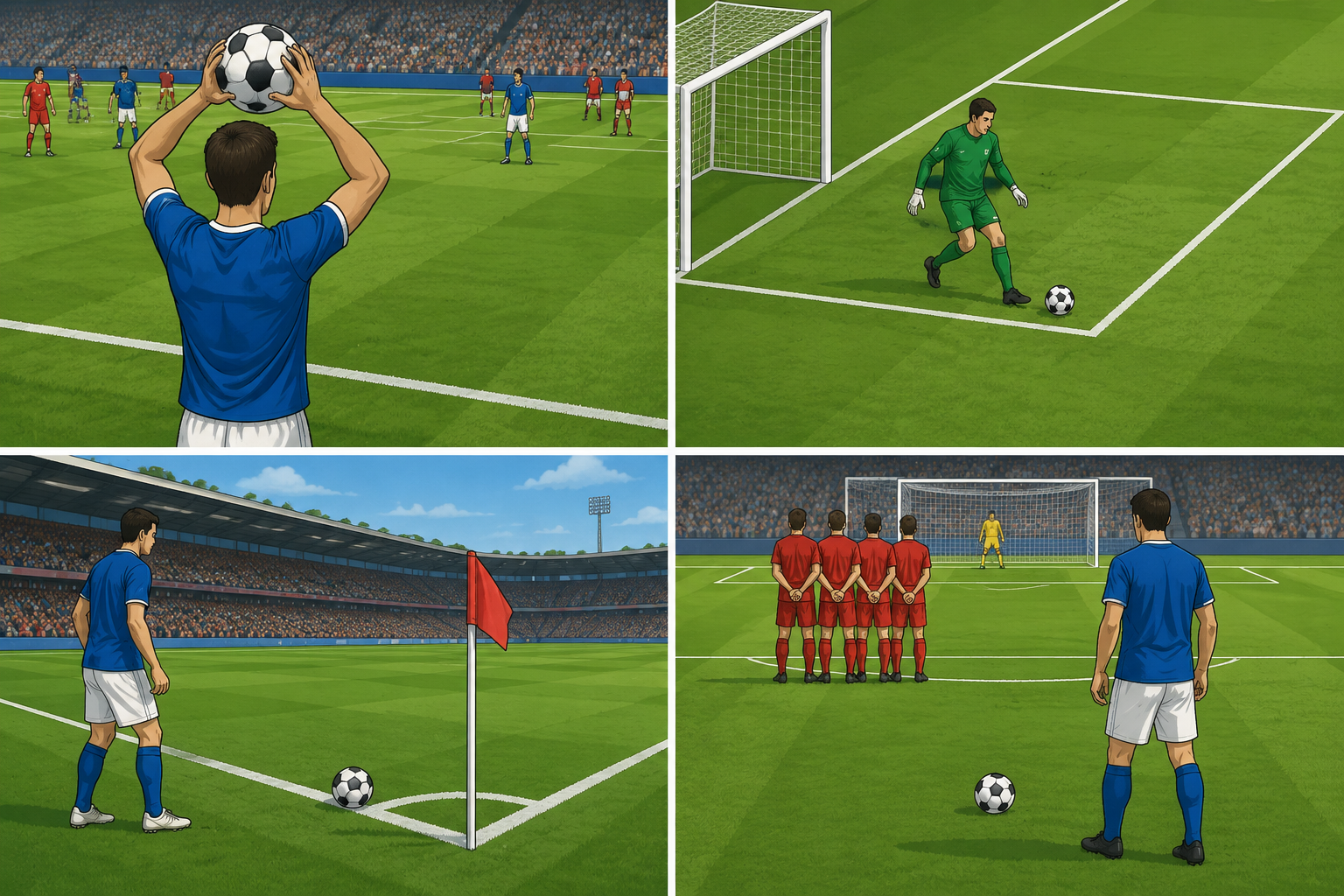 Four soccer restart situations: throw-in, goal kick, corner kick, and free kick