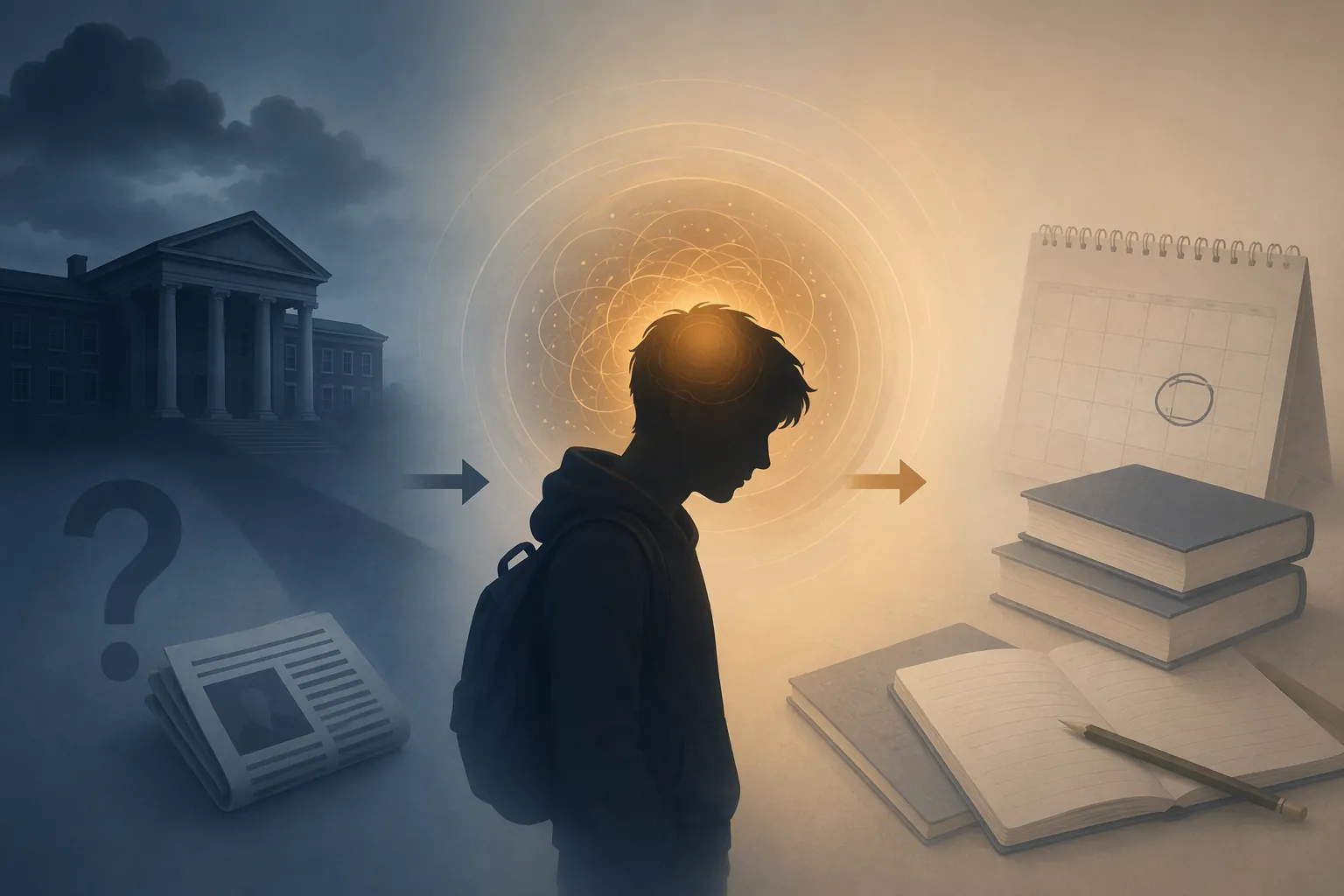 Conceptual illustration of campus stress increasing mental load and dimming study focus