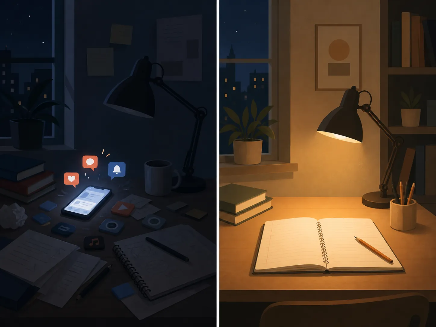 Contrasting study desks with a distracting phone and with the phone removed