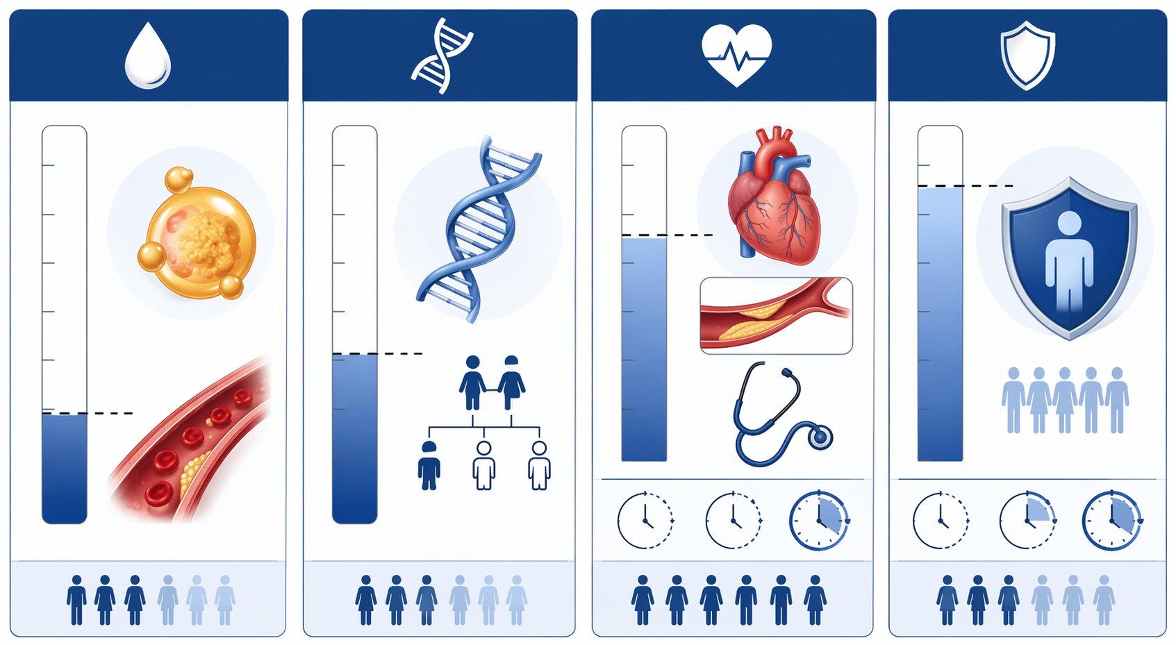 Editorial panels comparing trial-specific eligibility thresholds with LDL-C, heart, genetic, and timing icons