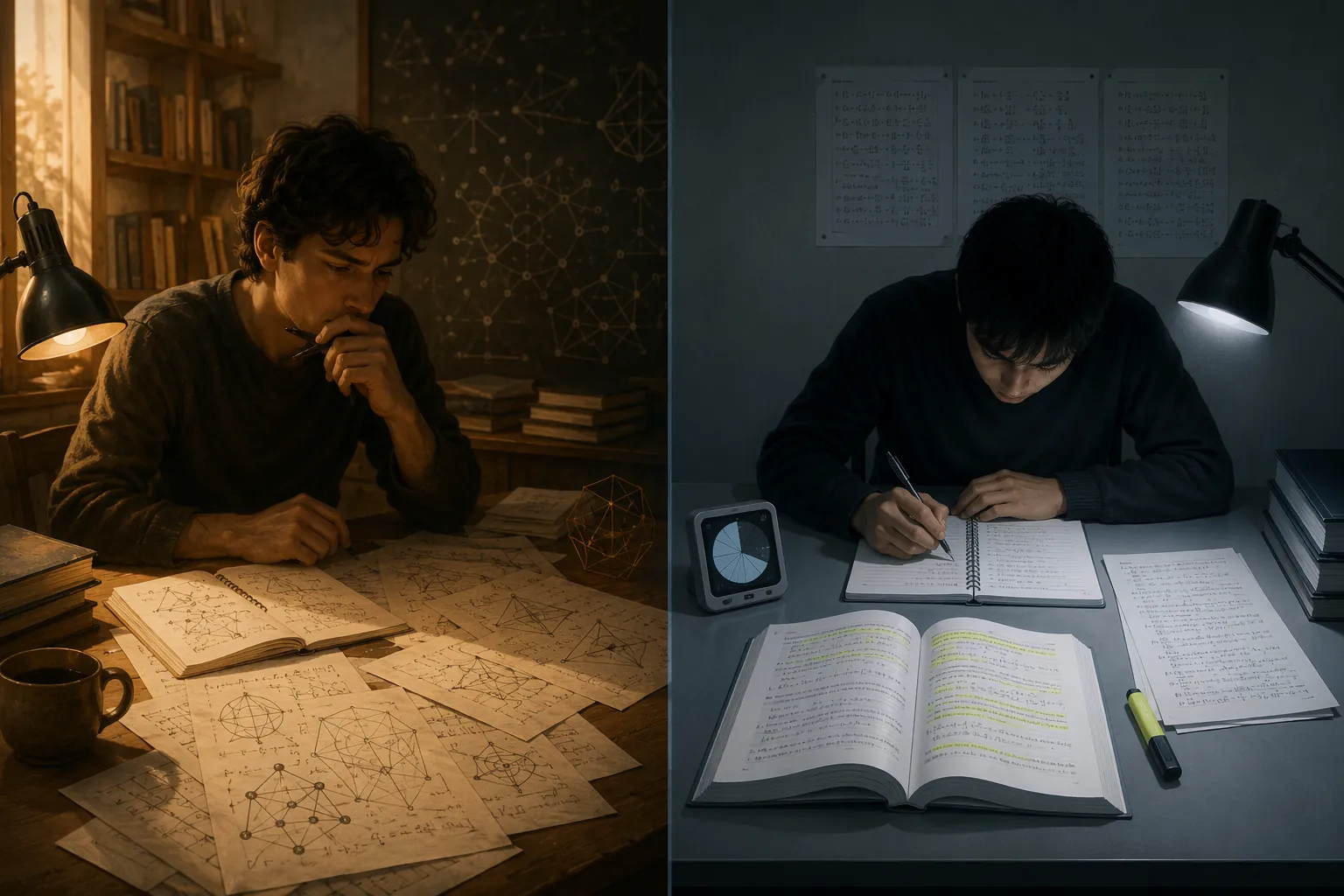 A split scene contrasting slow conceptual mathematical sense-making with passive rote memorization under time pressure