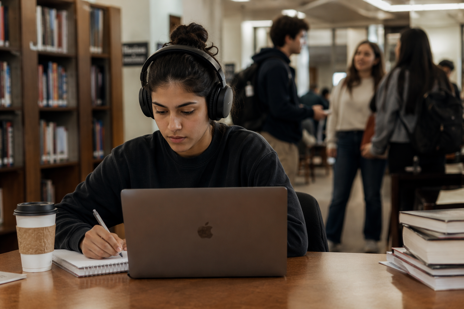 Student wearing over-ear noise-cancelling headphones while studying at a library desk