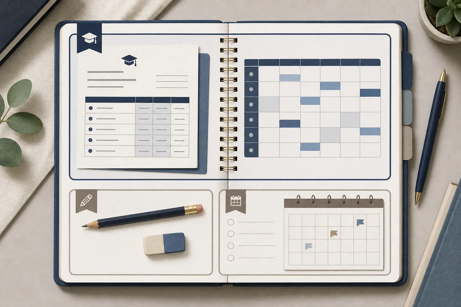 Student planner divided into transcript, test prep, and application checklist sections