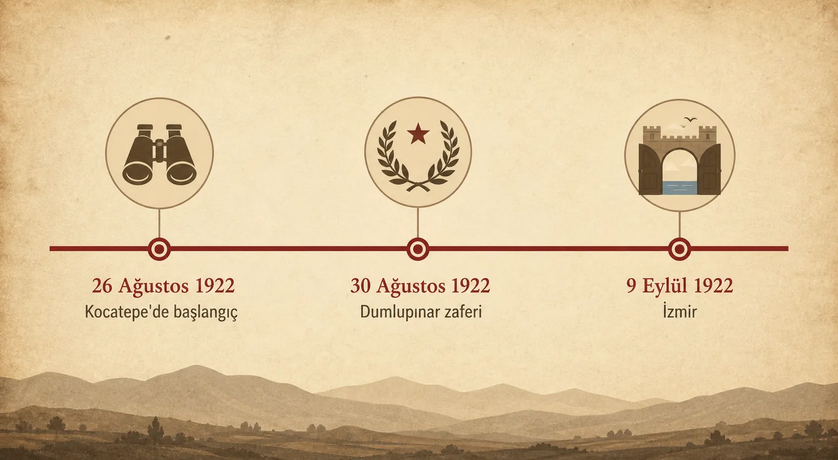 Timeline linking 26 Ağustos at Kocatepe, 30 Ağustos at Dumlupınar, and 9 Eylül in İzmir