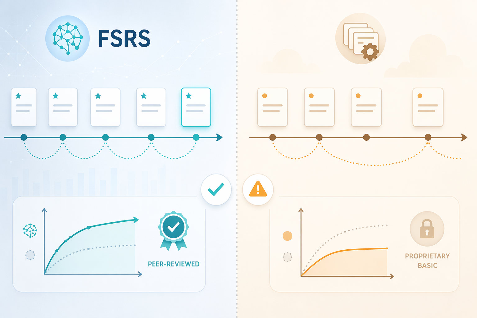 Split comparison showing precise FSRS intervals with a peer-reviewed badge on the left versus simpler, wider gaps with a warning icon on the right.