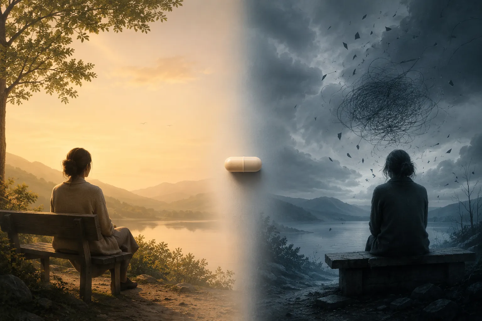 A split scene with one calm warm side and one tense cool side, with a capsule at the center, representing conflicting anxiety findings.