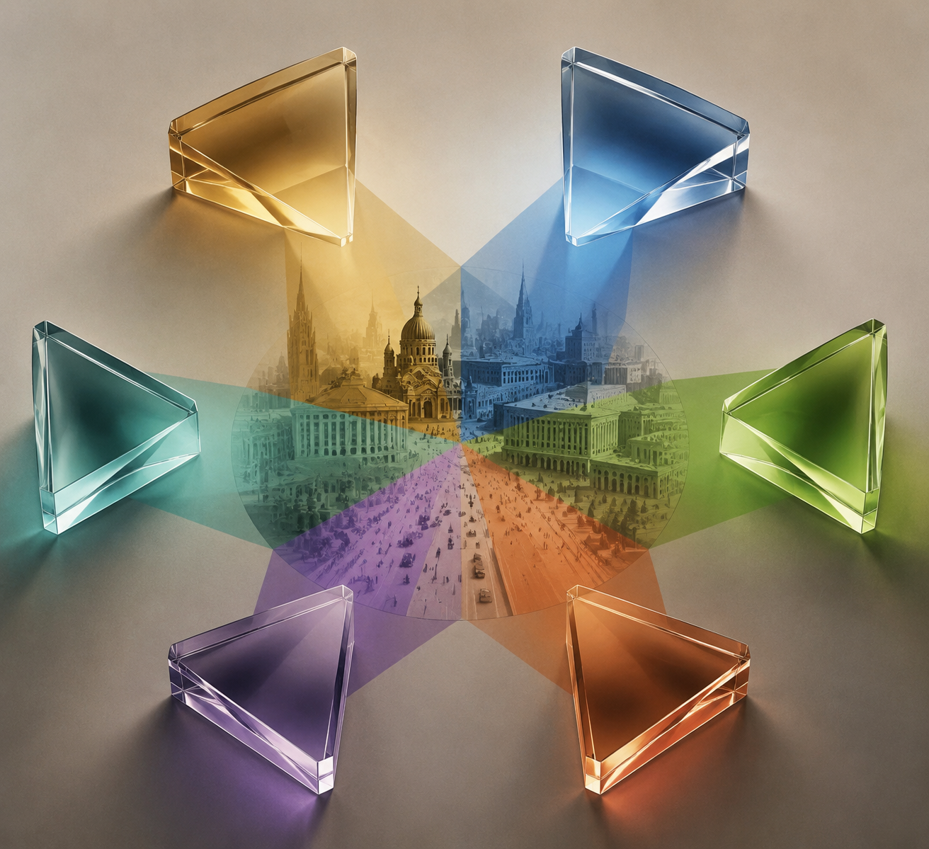 Six translucent prisms casting colored beams onto a Soviet-era city silhouette