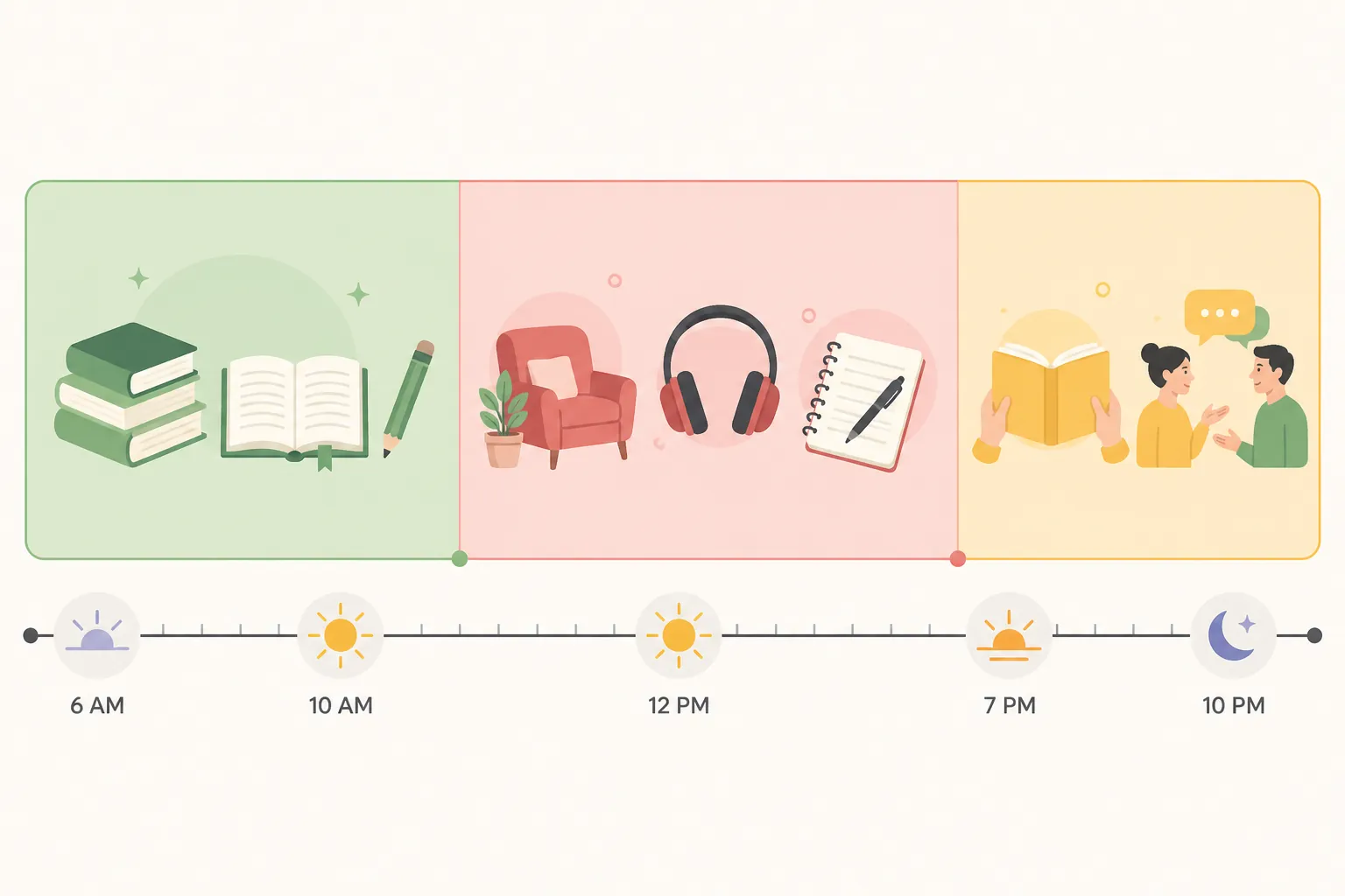 Editorial timeline diagram dividing a day into green morning, red midday, and yellow evening study zones