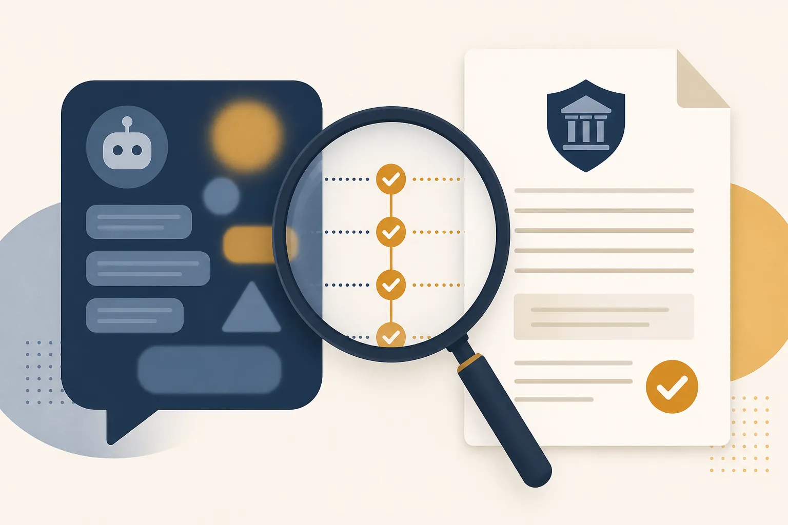 AI chat bubble checked against an official document with a magnifying glass and checkmark