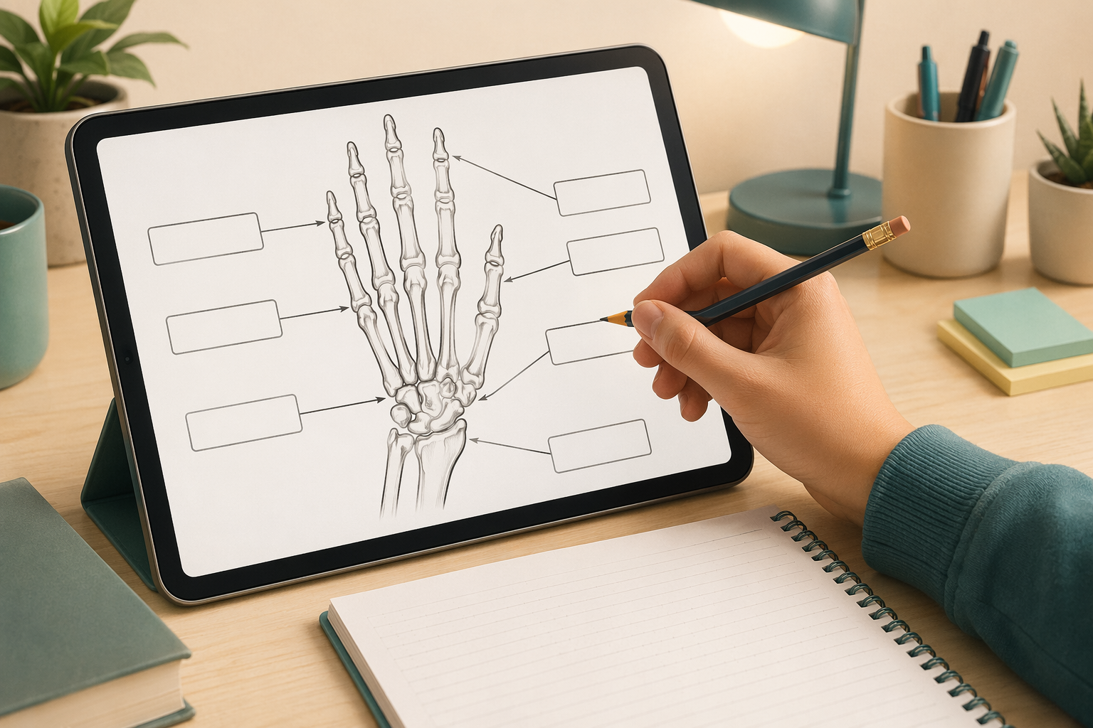 Blank hand skeleton diagram with empty labels for anatomy active recall