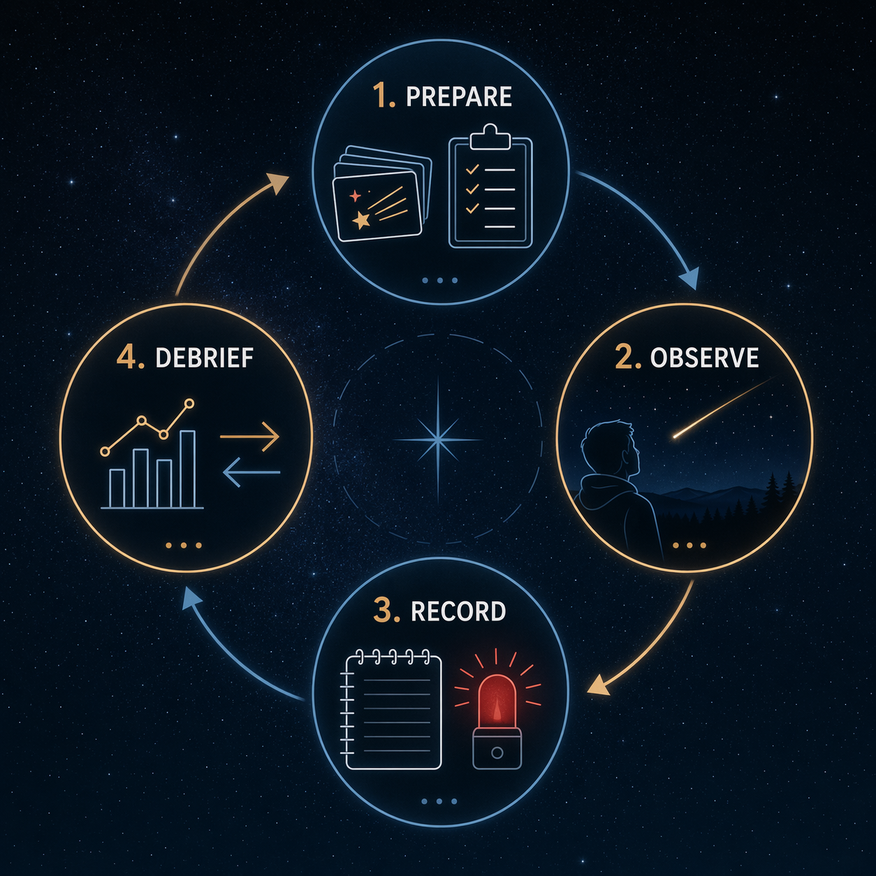 Four-step workflow for preparing, observing, recording, and debriefing a meteor shower study session