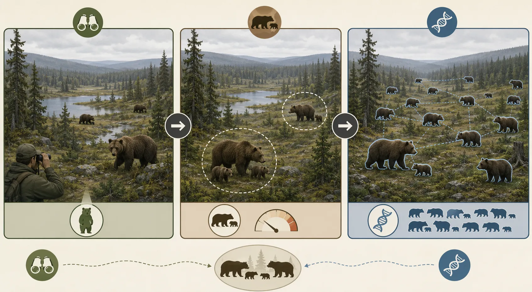 Comparison of sparse visible counts, female-with-cubs survey detections, and genetic mark-recapture detections in the same forest landscape
