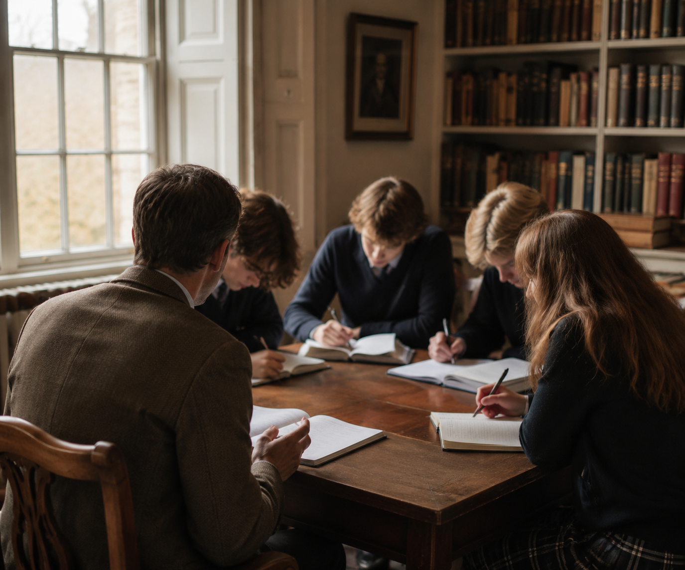 Small-group academic tutorial with a tutor and students around a table