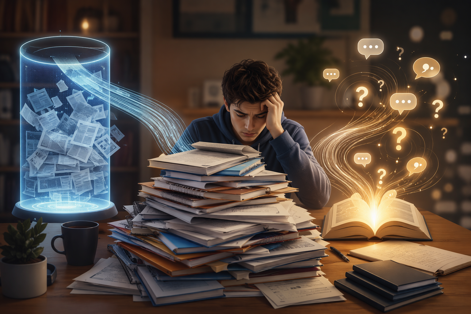 Student surrounded by textbooks with one path for whole-document processing and another for guided dialogue