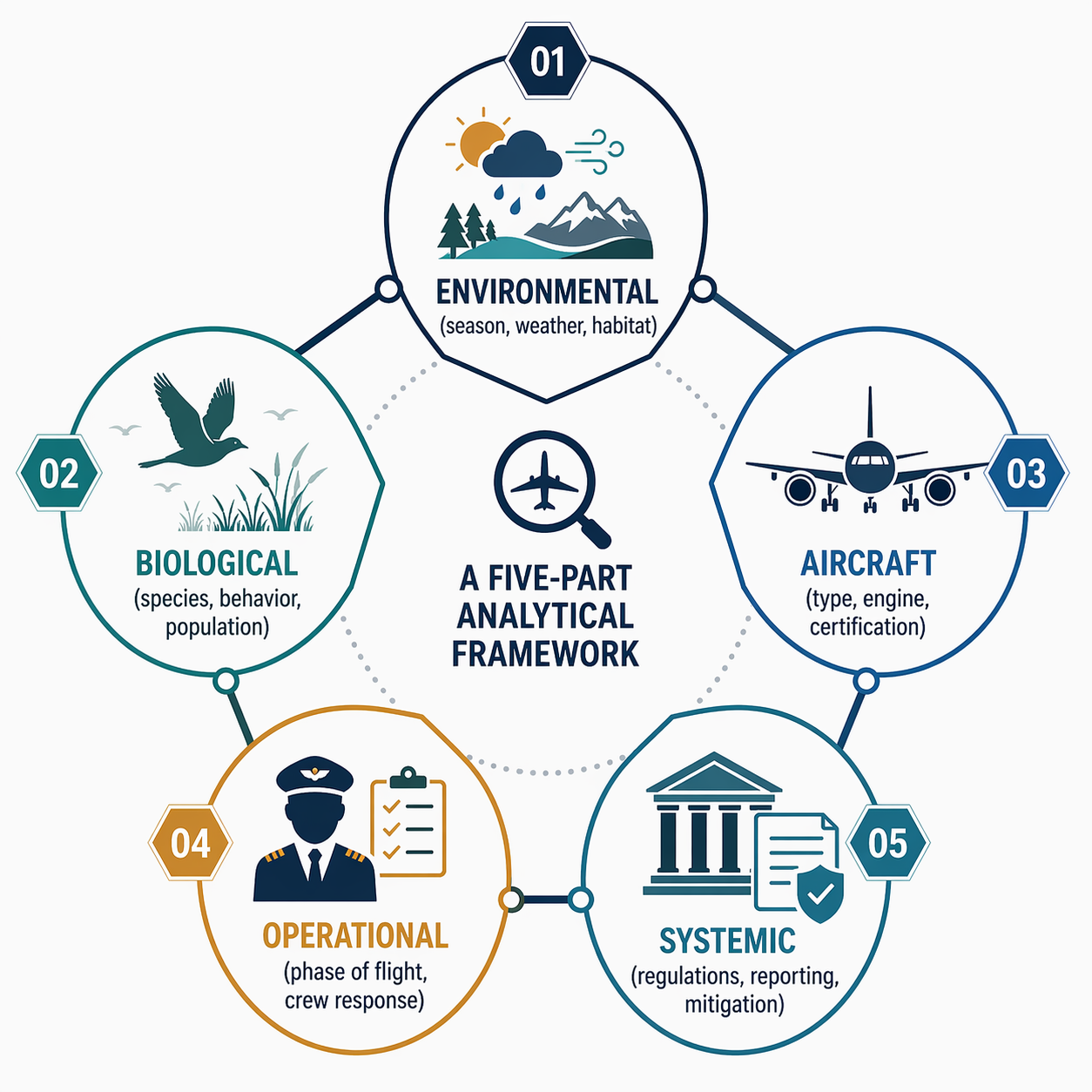 Five interconnected framework nodes for Environmental, Biological, Aircraft, Operational, and Systemic bird strike analysis