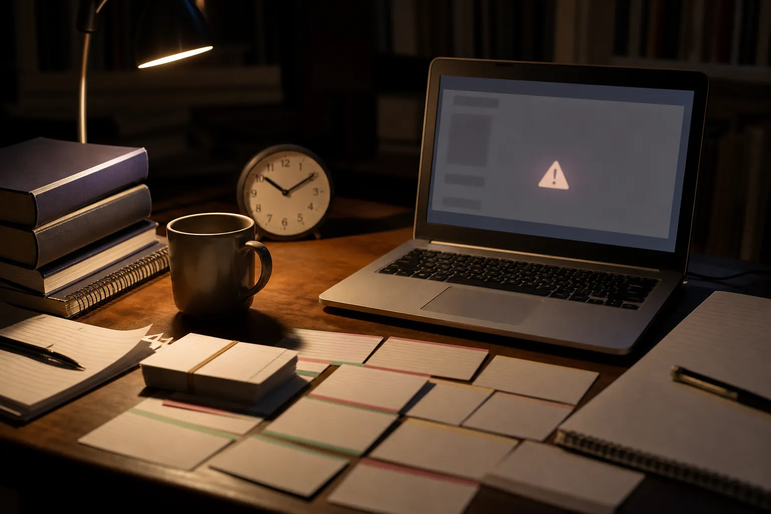 Late evening test-prep desk with books, flashcards, coffee, and a stalled laptop screen