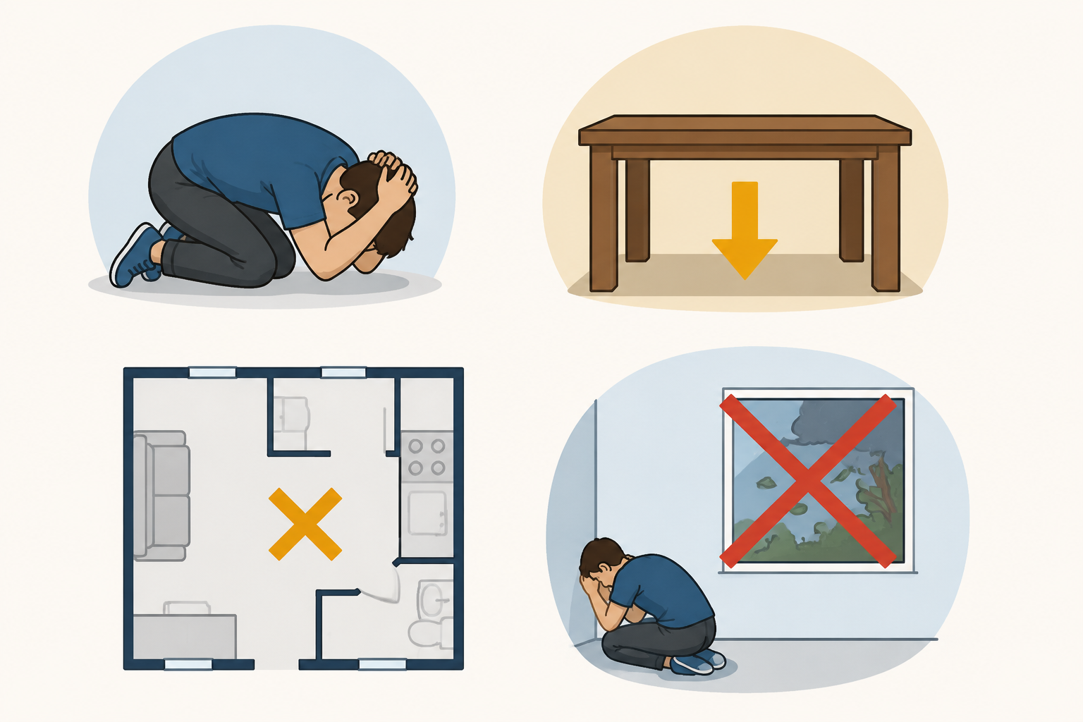 Flat vector icons showing DUCK tornado safety steps: Down, Under, Center, and Keep away