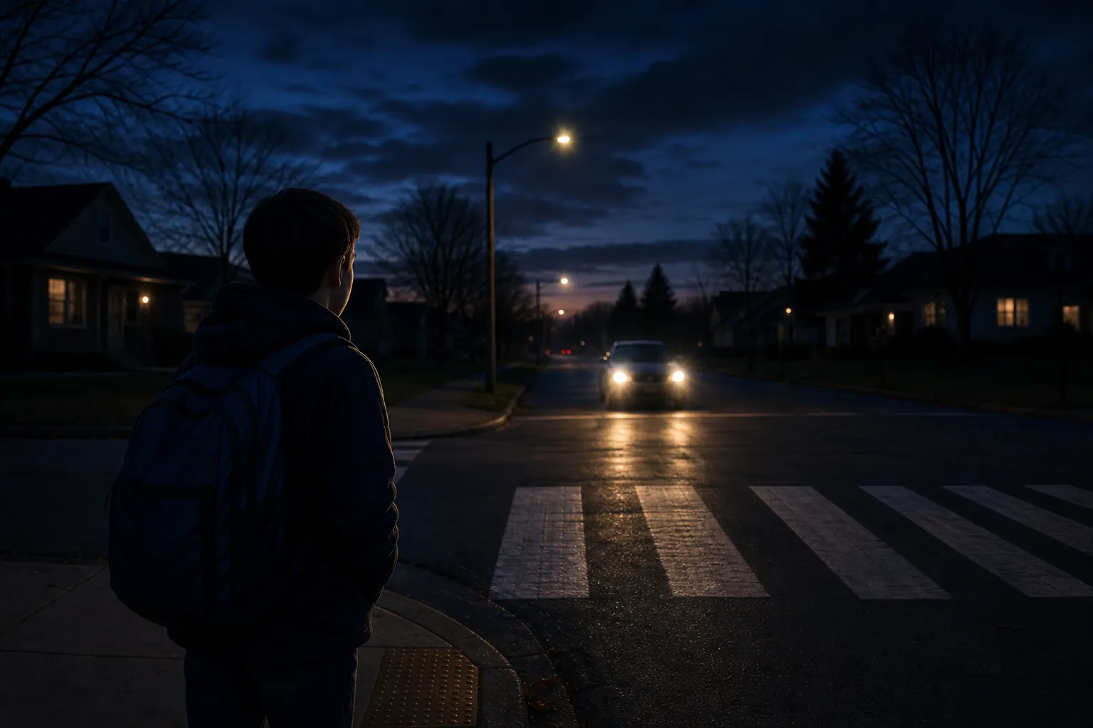 Student waiting at a dark pre-dawn crosswalk with approaching car headlights