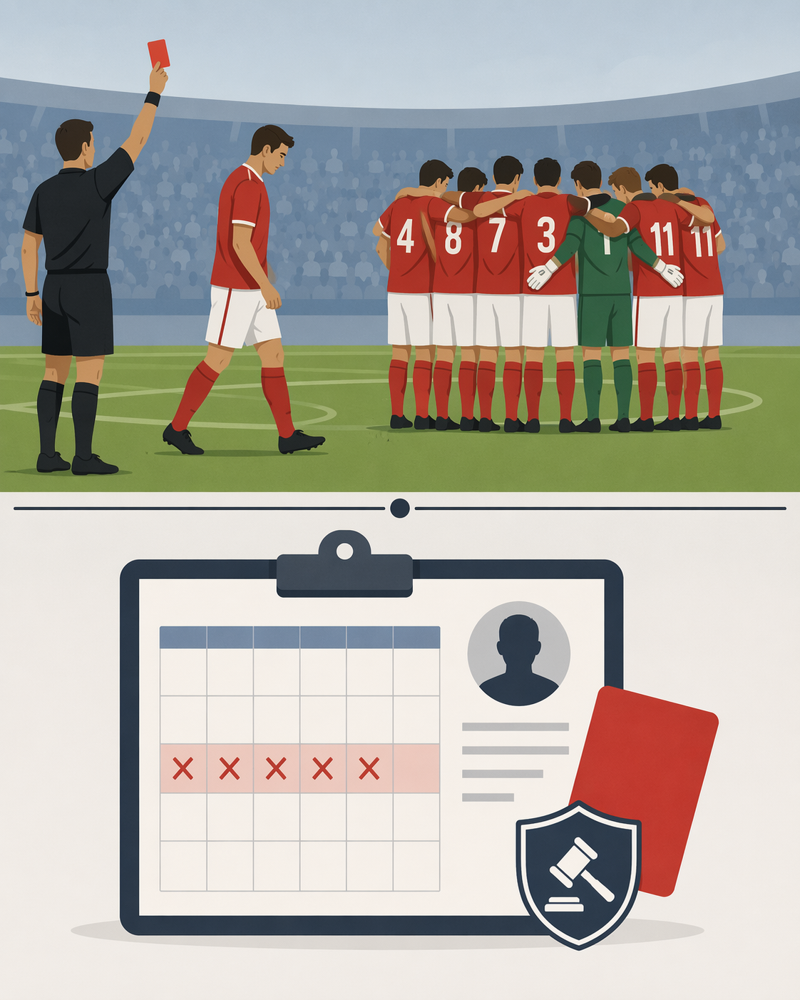 Diagram showing an in-match send-off and a separate post-match discipline layer