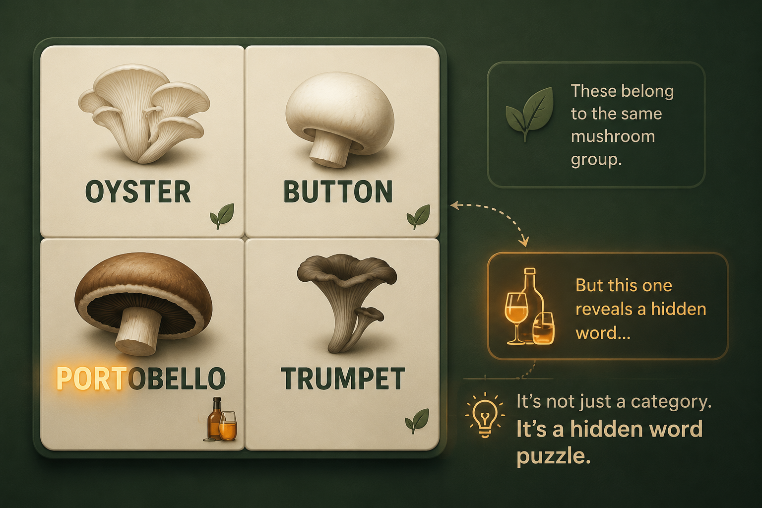 OYSTER, BUTTON, PORTOBELLO, and TRUMPET shown as a tempting mushroom set, with PORT highlighted inside PORTOBELLO