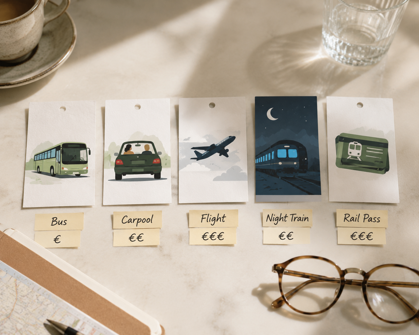 Cards comparing bus, carpool, airplane, night train, and rail pass transport options