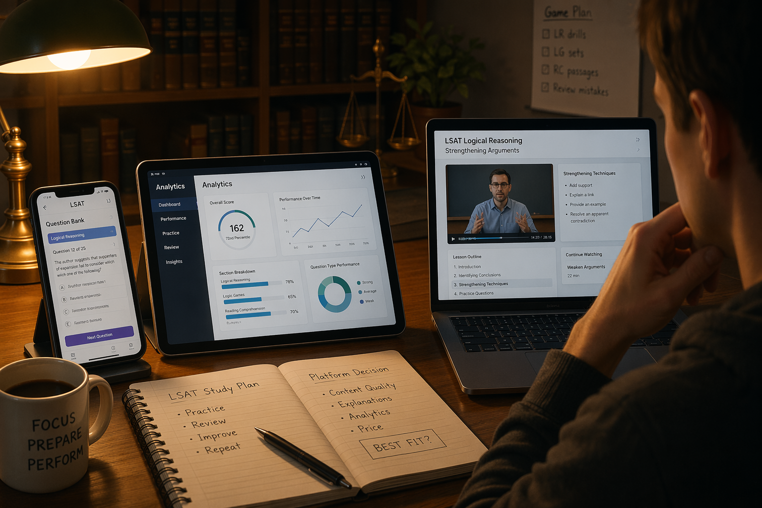 Student comparing LSAT prep platforms across phone, tablet, and laptop