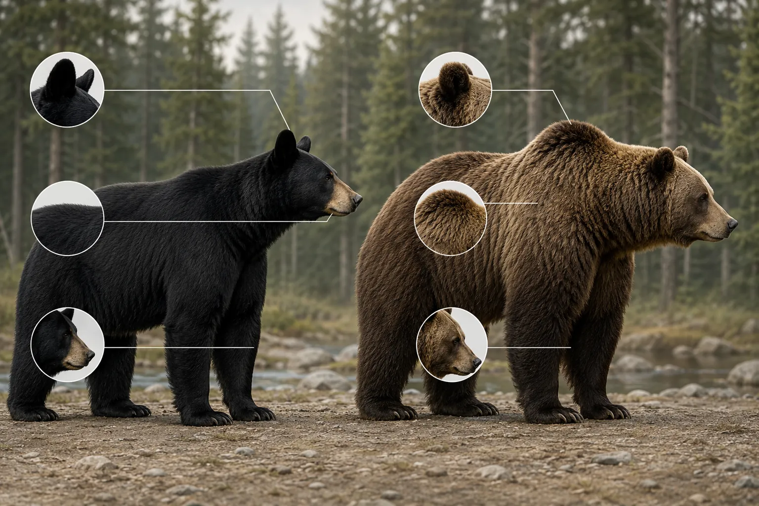 Side-by-side profile comparison of a black bear and a grizzly bear with callouts for shoulder hump, ear shape, face profile, and back shape