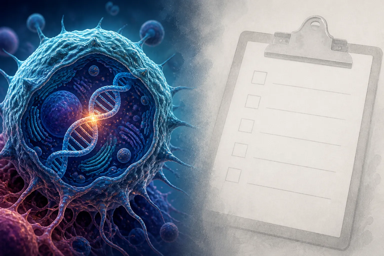 Stylized cancer cell and DNA mutation contrasted with a faded clinical checklist