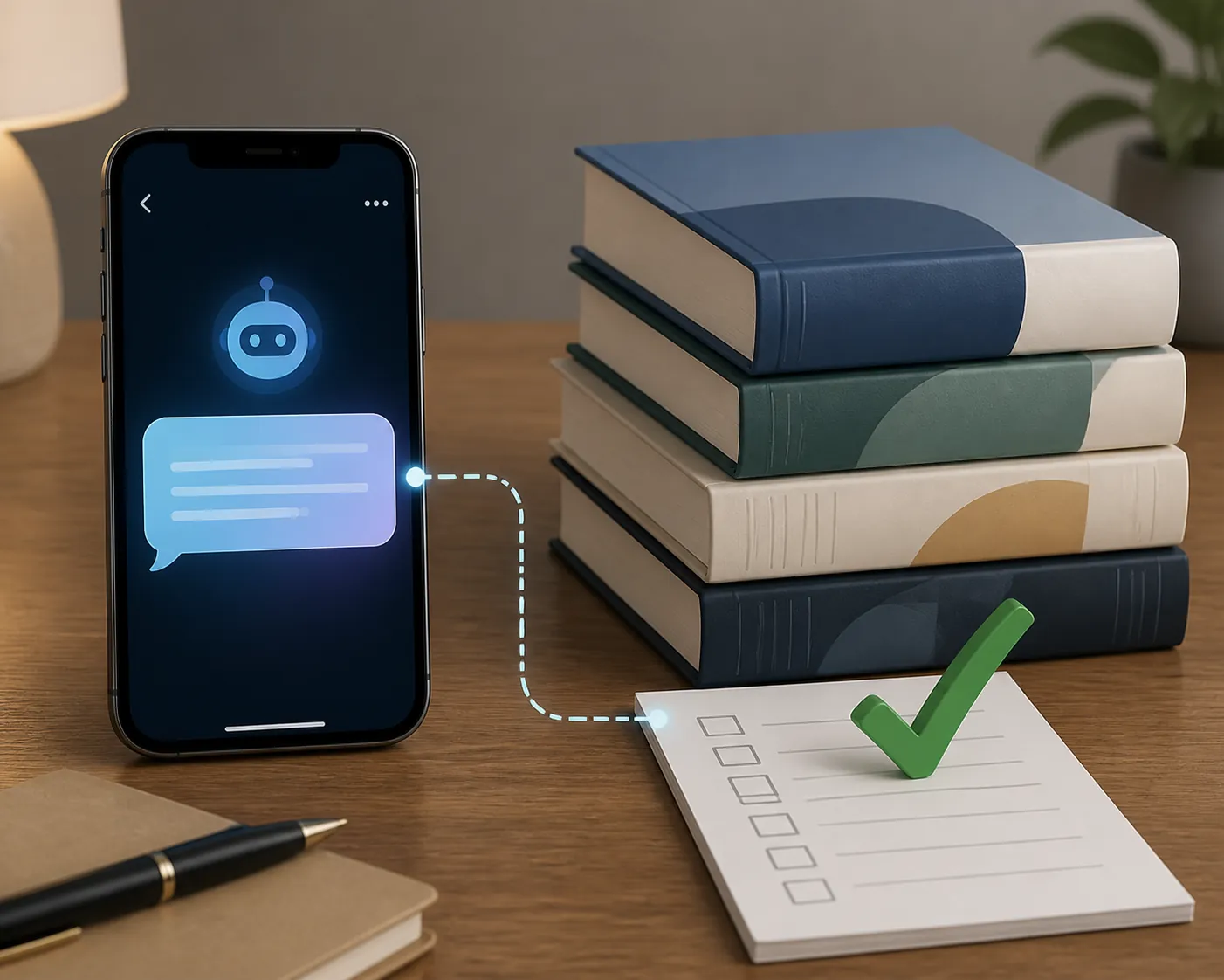 AI answer on a smartphone being checked against official exam prep books and a checklist