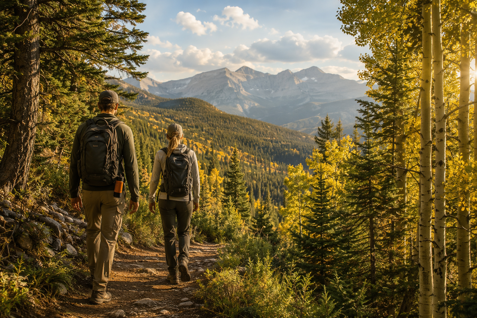 Two hikers walking on a mountain trail in bear country with bear spray visible on one hip