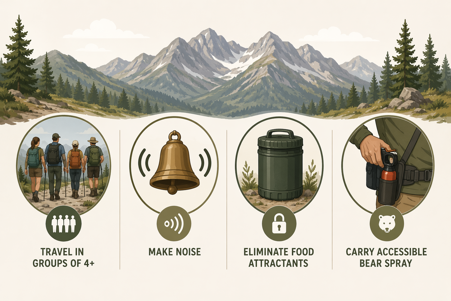 Illustration of four bear safety behaviors: group hiking, making noise, storing food, and carrying bear spray